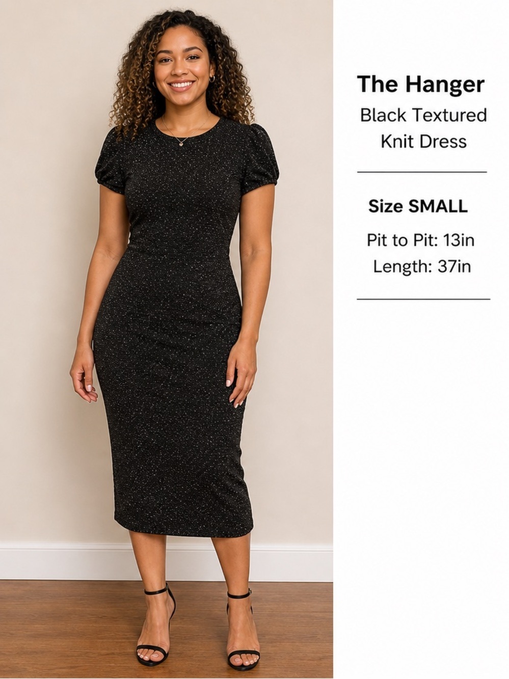 The Hanger Black Textured Knit dress SMALL pit to pit 13in length 37in